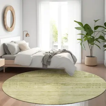 8' Artichoke Green And Ivory Round Medallion Washable Indoor Outdoor Area Rug