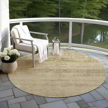 8' Beige And Linen Round Medallion Washable Indoor Outdoor Area Rug