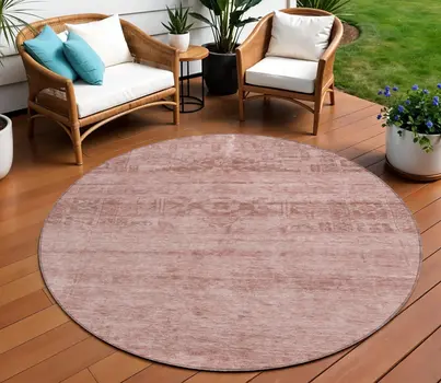 8' Blush And Mauve Round Medallion Washable Indoor Outdoor Area Rug