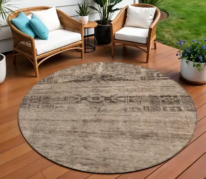 8' Brown And Taupe Round Medallion Washable Indoor Outdoor Area Rug
