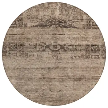 8' Brown And Taupe Round Medallion Washable Indoor Outdoor Area Rug
