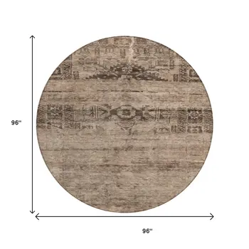 8' Brown And Taupe Round Medallion Washable Indoor Outdoor Area Rug