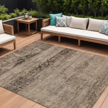 9' X 12' Brown And Taupe Medallion Washable Indoor Outdoor Area Rug