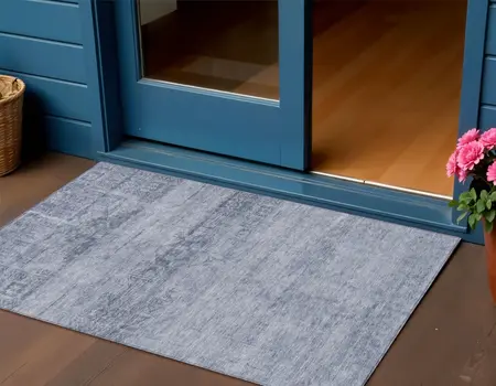 3' X 5' Denim Blue And Navy Blue Medallion Washable Indoor Outdoor Area Rug