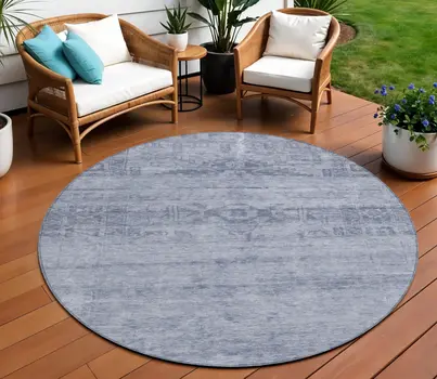 8' Denim Blue And Navy Blue Round Medallion Washable Indoor Outdoor Area Rug