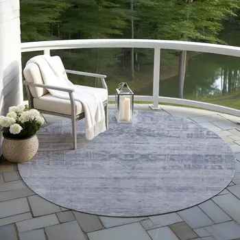8' Denim Blue And Navy Blue Round Medallion Washable Indoor Outdoor Area Rug