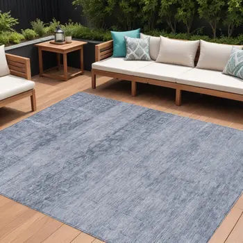 10' X 14' Denim Blue And Navy Blue Medallion Washable Indoor Outdoor Area Rug