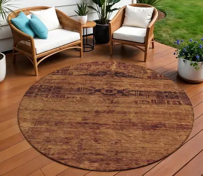 8' Rust And Brown Round Medallion Washable Indoor Outdoor Area Rug