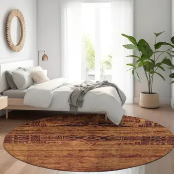 8' Rust And Brown Round Medallion Washable Indoor Outdoor Area Rug