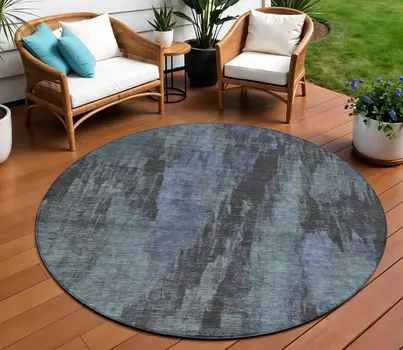 8' Blue And Gray Round Abstract Washable Indoor Outdoor Area Rug
