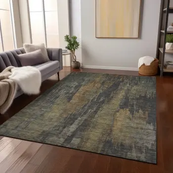 3' X 5' Charcoal And Gold Abstract Washable Indoor Outdoor Area Rug