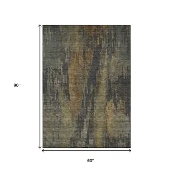 5' X 8' Charcoal And Gold Abstract Washable Indoor Outdoor Area Rug