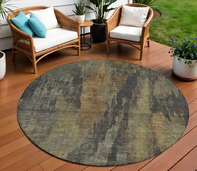 8' Charcoal And Gold Round Abstract Washable Indoor Outdoor Area Rug