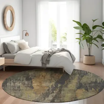 8' Charcoal And Gold Round Abstract Washable Indoor Outdoor Area Rug