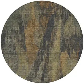 8' Charcoal And Gold Round Abstract Washable Indoor Outdoor Area Rug
