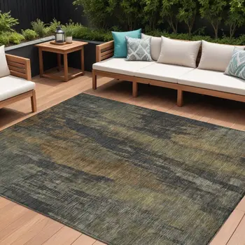 8' X 10' Charcoal And Gold Abstract Washable Indoor Outdoor Area Rug