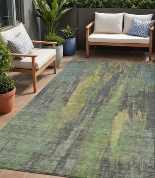 5' X 8' Green And Gold Abstract Washable Indoor Outdoor Area Rug