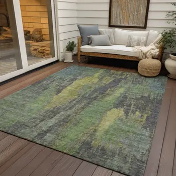 5' X 8' Green And Gold Abstract Washable Indoor Outdoor Area Rug