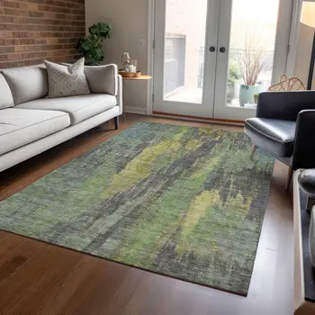 5' X 8' Green And Gold Abstract Washable Indoor Outdoor Area Rug