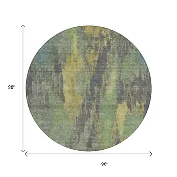 8' Green And Gold Round Abstract Washable Indoor Outdoor Area Rug