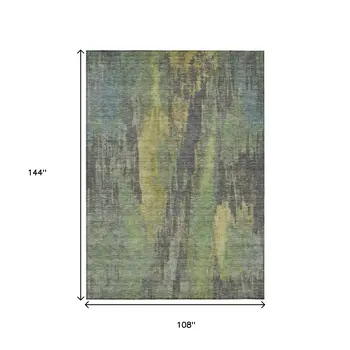 9' X 12' Green And Gold Abstract Washable Indoor Outdoor Area Rug