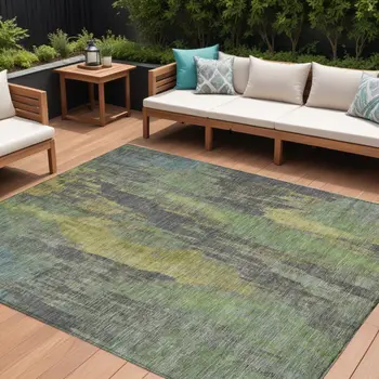 9' X 12' Green And Gold Abstract Washable Indoor Outdoor Area Rug
