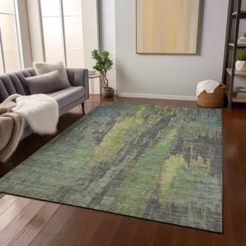 9' X 12' Green And Gold Abstract Washable Indoor Outdoor Area Rug