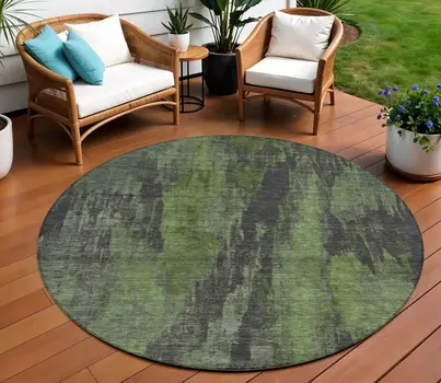 8' Olive Green And Charcoal Round Abstract Washable Indoor Outdoor Area Rug