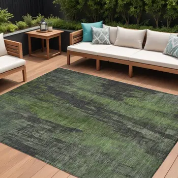 8' X 10' Olive Green And Charcoal Abstract Washable Indoor Outdoor Area Rug