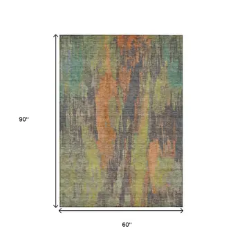 5' X 8' Orange And Teal Blue Abstract Washable Indoor Outdoor Area Rug