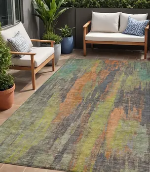5' X 8' Orange And Teal Blue Abstract Washable Indoor Outdoor Area Rug