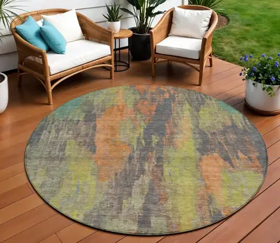 8' Orange And Teal Blue Round Abstract Washable Indoor Outdoor Area Rug