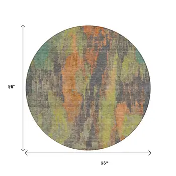 8' Orange And Teal Blue Round Abstract Washable Indoor Outdoor Area Rug