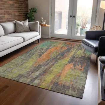 8' X 10' Orange And Teal Blue Abstract Washable Indoor Outdoor Area Rug