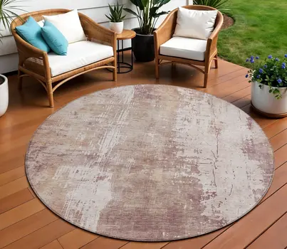 8' Blush And Ivory Round Abstract Washable Indoor Outdoor Area Rug