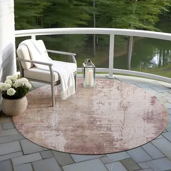 8' Blush And Ivory Round Abstract Washable Indoor Outdoor Area Rug