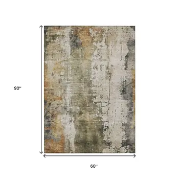 5' X 8' Olive Green And Ivory Abstract Washable Indoor Outdoor Area Rug