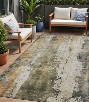 5' X 8' Olive Green And Ivory Abstract Washable Indoor Outdoor Area Rug