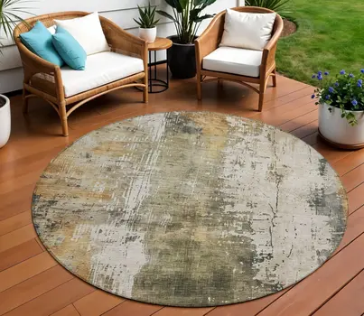 8' Olive Green And Ivory Round Abstract Washable Indoor Outdoor Area Rug