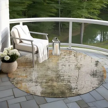 8' Olive Green And Ivory Round Abstract Washable Indoor Outdoor Area Rug