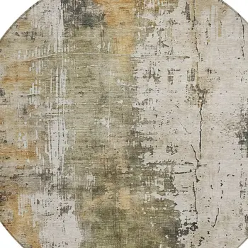 8' Olive Green And Ivory Round Abstract Washable Indoor Outdoor Area Rug