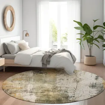 8' Olive Green And Ivory Round Abstract Washable Indoor Outdoor Area Rug