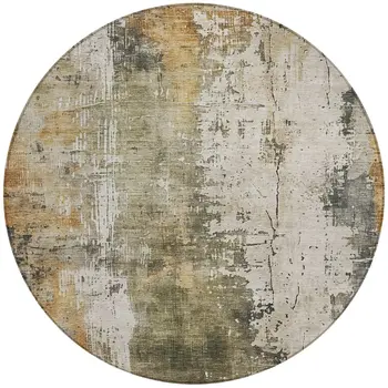 8' Olive Green And Ivory Round Abstract Washable Indoor Outdoor Area Rug