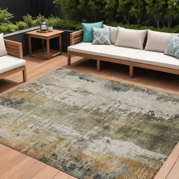 8' X 10' Olive Green And Ivory Abstract Washable Indoor Outdoor Area Rug