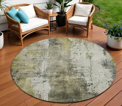 8' Pewter And Ivory Round Abstract Washable Indoor Outdoor Area Rug