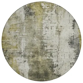 8' Pewter And Ivory Round Abstract Washable Indoor Outdoor Area Rug