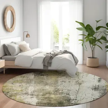 8' Pewter And Ivory Round Abstract Washable Indoor Outdoor Area Rug