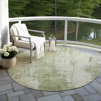 8' Sage And Ivory Round Abstract Washable Indoor Outdoor Area Rug