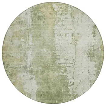 8' Sage And Ivory Round Abstract Washable Indoor Outdoor Area Rug