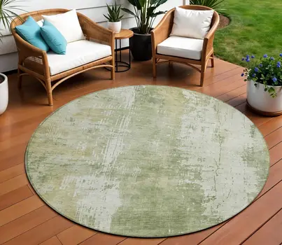 8' Sage And Ivory Round Abstract Washable Indoor Outdoor Area Rug
